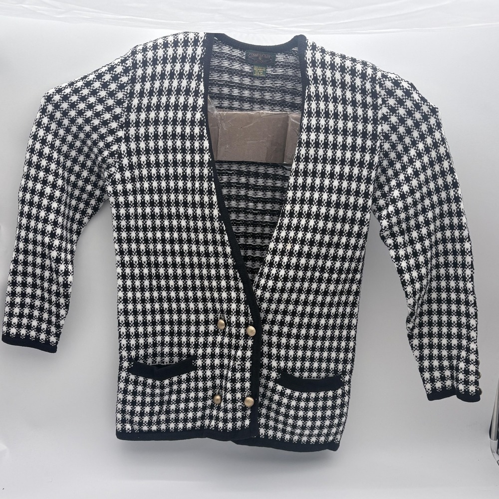 Vintage Charter Club Sweater Womens Medium Black White Check Cardigan Hong Kong